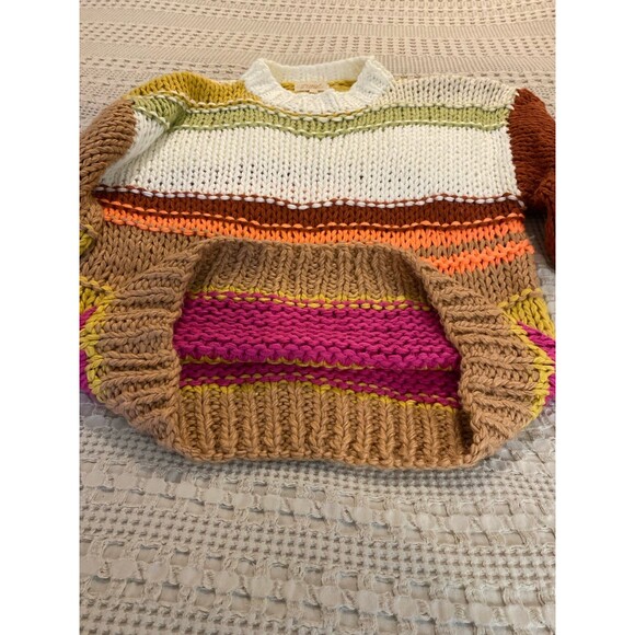 Listicle Hand Knit Sweater Crew Neck Color Block Oversized Large Rust Green Pink - Picture 5 of 8